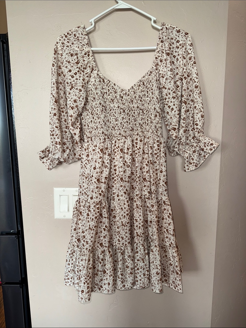 Smocked Floral Mini Dress in Cream and Brown